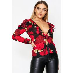 Chemisier Imprimé Floral En Mousseline De Soie À Volants Et Décolleté Plongeant - - 34, - boohoo - Modalova