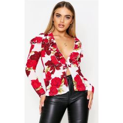 Chemisier Imprimé Floral En Mousseline De Soie À Volants Et Décolleté Plongeant - - 34, - boohoo - Modalova