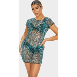 Robe moulante en mesh imprimé serpent à manches courtes et ourlet volanté - PrettyLittleThing - Modalova