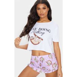 Ensemble de pyjama rose à t-shirt imprimé paresseux Busy doing nothing et short volanté, - PrettyLittleThing - Modalova