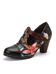 SOCOFY Folkways Colorful Fleurs Couture En Cuir Véritable Rétro T-Strap Robe Escarpinss - Newchic - Modalova