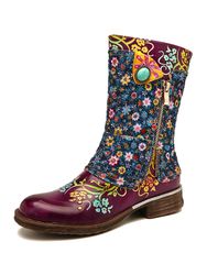 SOCOFY Bottes plates rétro en cuir véritable à petites fleurs avec couture à glissière - Newchic - Modalova