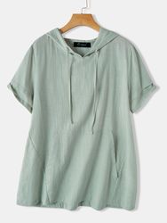 Chemisier à capuche en coton à manches courtes de taille Plus avec poches - Newchic - Modalova