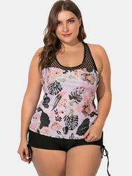 Plus Taille s Tankini Mesh Patchwork Imprimé Floral Top Taille Moyenne Boyshorts Maillot De Bain - Newchic - Modalova