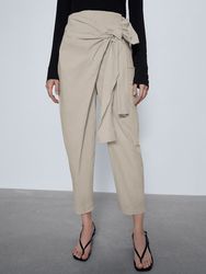 Pantalon à taille élastique avec ceinture bowknot plissée asymétrique à jambes droites - Newchic - Modalova
