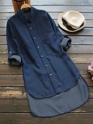 Chemises décontractées à manches longues en denim irrégulier de couleur unie - Newchic - Modalova