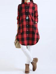 Blouse Style Boyfriend Manches Longues à Carreaux avec Poches et Ouverture Boutonnée - Newchic - Modalova