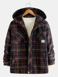 Mélanges de laines Vestes à carreaux à manches longues Manteaux décontractés à capuche multi-poches - Newchic - Modalova