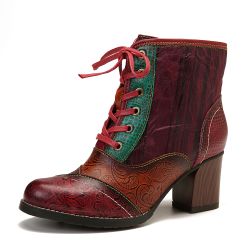 SOCOFY Rétro en cuir véritable couleur épissage à lacets fermeture éclair à talons hauts bottes courtes - Newchic - Modalova