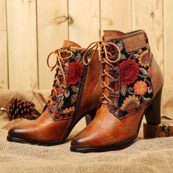 SOCOFY Rétro s Broderie En Cuir Véritable Épissage À Lacets À Talons Hauts Hiver Robe Bottes - Newchic - Modalova