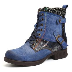 SOCOFY Cuir véritable épissage boucle en métal à lacets fermeture éclair Soft bottes courtes plates - Newchic - Modalova