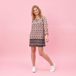 Robe courte imprimée col V et cordons manches longues élastiquées - Imprimé Beige - 3 SUISSES - Modalova