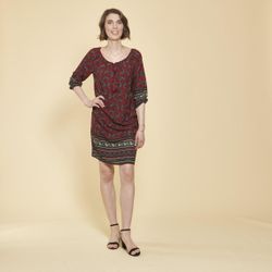 Robe-tunique col caftan avec dentelle manches 3/4 élastiquées - Grenat - 3 SUISSES - Modalova