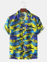 Mens Holiday Tropical Plant Printed Revere Light Collar Casual Chemises à manches courtes - Newchic - Modalova