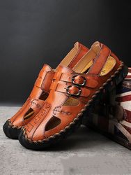 Menico s Cuir De Vache Double Boucle En Métal Bout Fermé Soft Sandales Antidérapantes - Newchic - Modalova