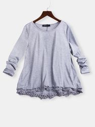 Blouse Large Décontractée avec Ourlet en Dentelle Haut Couleur Unie Effet Patchwork à Col Rond - Newchic - Modalova