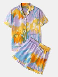 Ensemble de pyjama tie dye Softies haut à manches courtes avec poche à volants garniture bas vêtements de détente - Newchic - Modalova