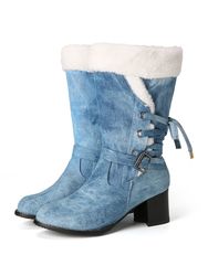 S Denim Tissu Doublure En Peluche Doublure Boucle De Ceinture Talon Chunky Bottes De Neige - Newchic - Modalova