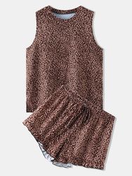 Pyjama léopard ensemble court sans manches lâche deux pièces vêtements de nuit avec volant bas - Newchic - Modalova