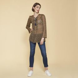 Promo : Blouse imprimée manches longues col caftan jeux de plis - Imprimé Bleu Marine - 3 SUISSES - Modalova