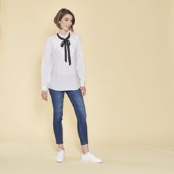 Promo : Blouse manches longues volants plissés et ruban contrasté - Blanc - 3 SUISSES - Modalova