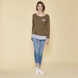 Promo : Tee-shirt col bateau manches longues bas volanté contrasté - Kaki - 3 SUISSES - Modalova