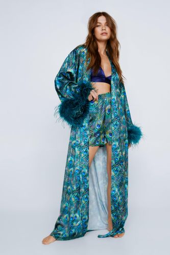 Peignoir Long Satiné À Bordures En Plumes - - 40 - Nasty Gal - Modalova