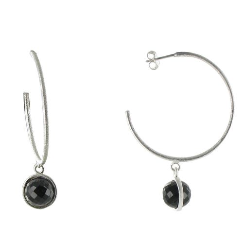 Boucles d'Oreilles Créoles Argent Brossé et Sphère d'Onyx - LES POULETTES BIJOUX - Modalova