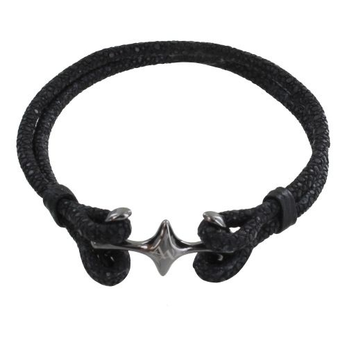 Bracelet Mixte en Argent 925 Rhodié Noir Double Ancre et Cuir - LES POULETTES BIJOUX - Modalova