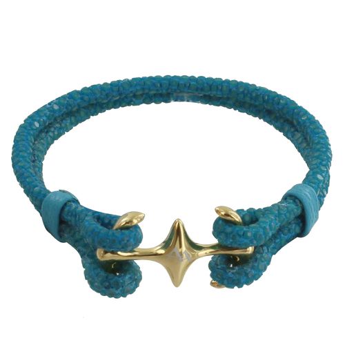 Bracelet Rhodium Plaqué Double Ancre et Cuir - 18cm Colors - Turquoise - LES POULETTES BIJOUX - Modalova
