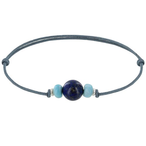 Bracelet Lien Synthétique Perle de Lapis Lazuli Deux Anneaux de Larimar et d'Argent - LES POULETTES BIJOUX - Modalova