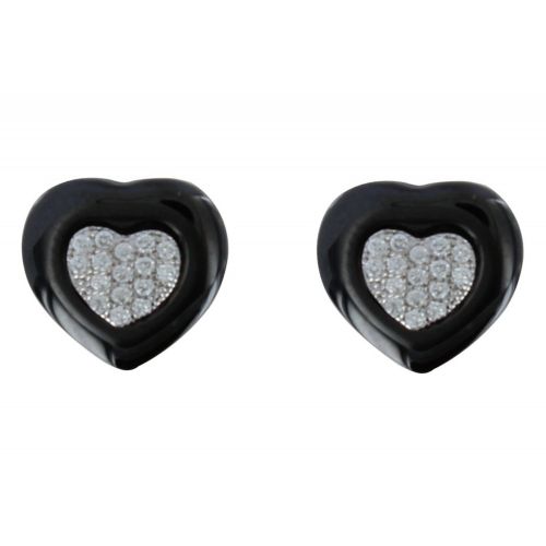 Boucles d'Oreilles Argent Rhodié Deux Coeurs Céramique et Stras - LES POULETTES BIJOUX - Modalova