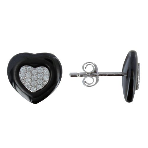 Boucles d'Oreilles Argent Rhodié Deux Coeurs Céramique et Stras - LES POULETTES BIJOUX - Modalova