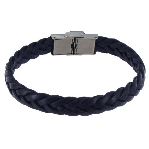 Bracelet Homme Cuir Foncé Tréssé Plat Fermoir Acier Inoxyd - LES POULETTES BIJOUX - Modalova
