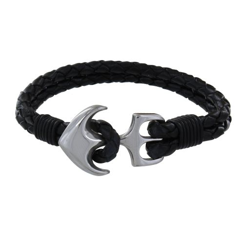 Bracelet Argent 925 Ancre et Cuir Deux Liens Tréssés - LES POULETTES BIJOUX - Modalova