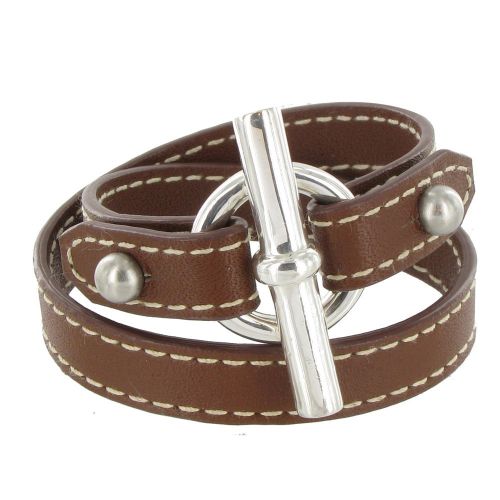 Bracelet Double Tour Cuir et Fermoir T Argent 925 - Classics - LES POULETTES BIJOUX - Modalova
