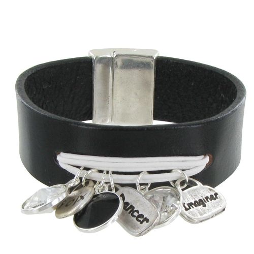 Bracelet Cuir Noir Cristal Multi Breloques et Coton - Classics - LES POULETTES BIJOUX - Modalova