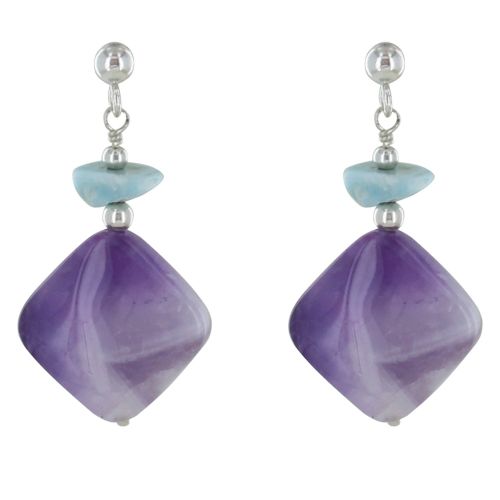 Boucles d'Oreilles Argent Pépite de Larimar et Carré d'Améthyste - LES POULETTES BIJOUX - Modalova