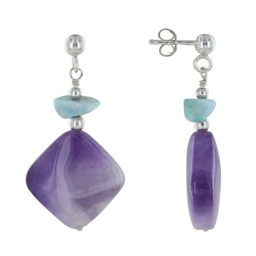 Boucles d'Oreilles Argent Pépite de Larimar et Carré d'Améthyste - LES POULETTES BIJOUX - Modalova