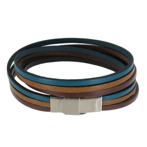 Bracelet Cuir Trois Lanières Marron Fermoir Aci - LES POULETTES BIJOUX - Modalova