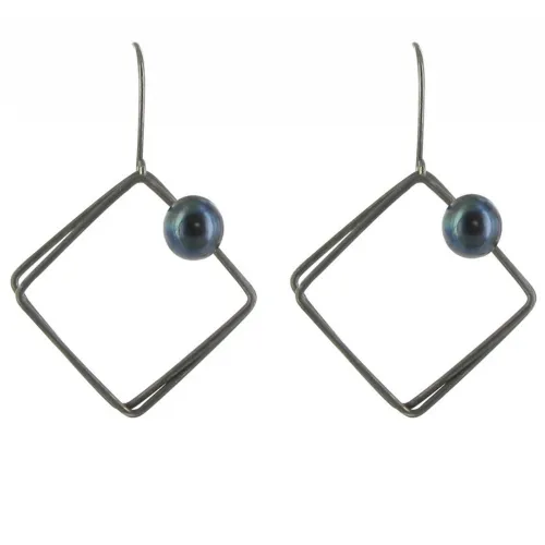 Boucles d'Oreilles Argent 925 Oxydé Carré et sa Perle - Classic - LES POULETTES BIJOUX - Modalova