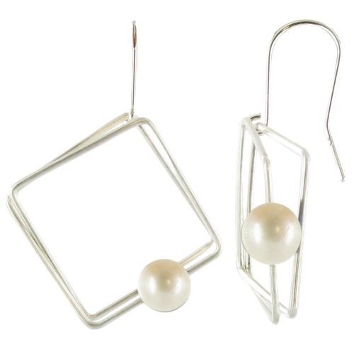 Boucles d'oreilles en Argent 925 Carré et sa Perle - Classics - Blanc - LES POULETTES BIJOUX - Modalova