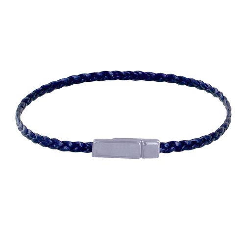 Bracelet Tresse Plate en Cuir Brillant Femoir Aimanté Métal Argenté - Bleu Navy - LES POULETTES BIJOUX - Modalova