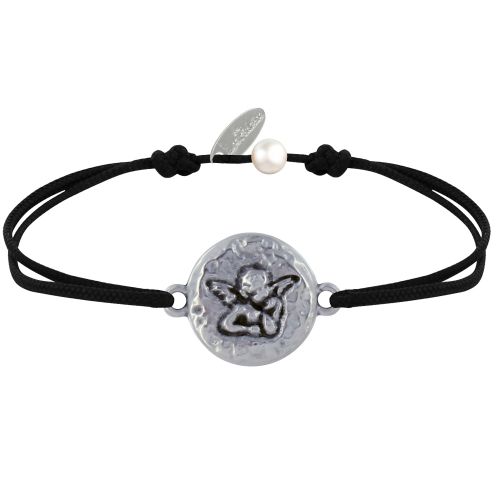Bracelet Lien Médaille Ronde Martelée Laiton Argenté Ange Rapha - LES POULETTES BIJOUX - Modalova