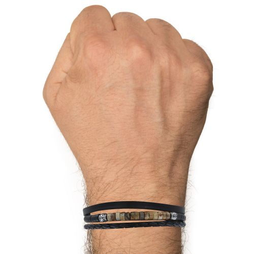 Bracelet Acier Homme Cuir Trois Liens et Anneaux Oeil de T - LES POULETTES BIJOUX - Modalova