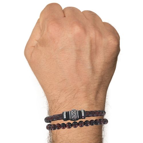 Bracelet Acier Homme Cuir Marron Foncé et Perles Oeil de Tigre - LES POULETTES BIJOUX - Modalova