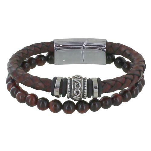 Bracelet Acier Homme Cuir Marron Foncé et Perles Oeil de Tigre - LES POULETTES BIJOUX - Modalova