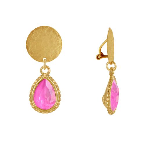 Boucles d'Oreilles Clips Laiton Doré Pastille Brossée et Goutte Cristal - Rose Fluo - LES POULETTES BIJOUX - Modalova