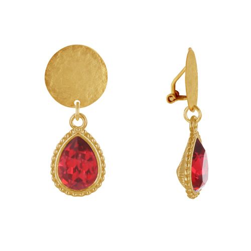 Boucles d'Oreilles Clips Laiton Doré Pastille Brossée et Goutte Cristal - Rouge - LES POULETTES BIJOUX - Modalova