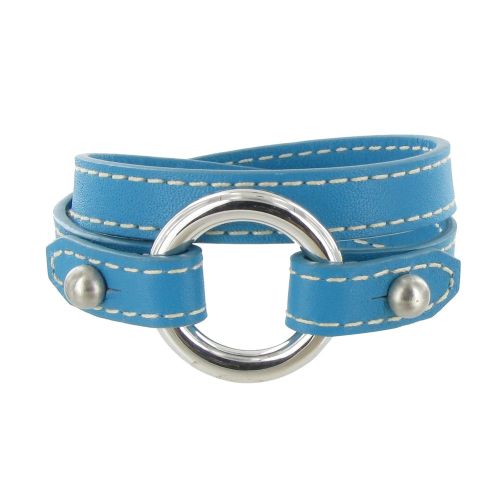 Bracelet Double Tour Cuir et Anneau Argent 925 - Cuir Azur - LES POULETTES BIJOUX - Modalova
